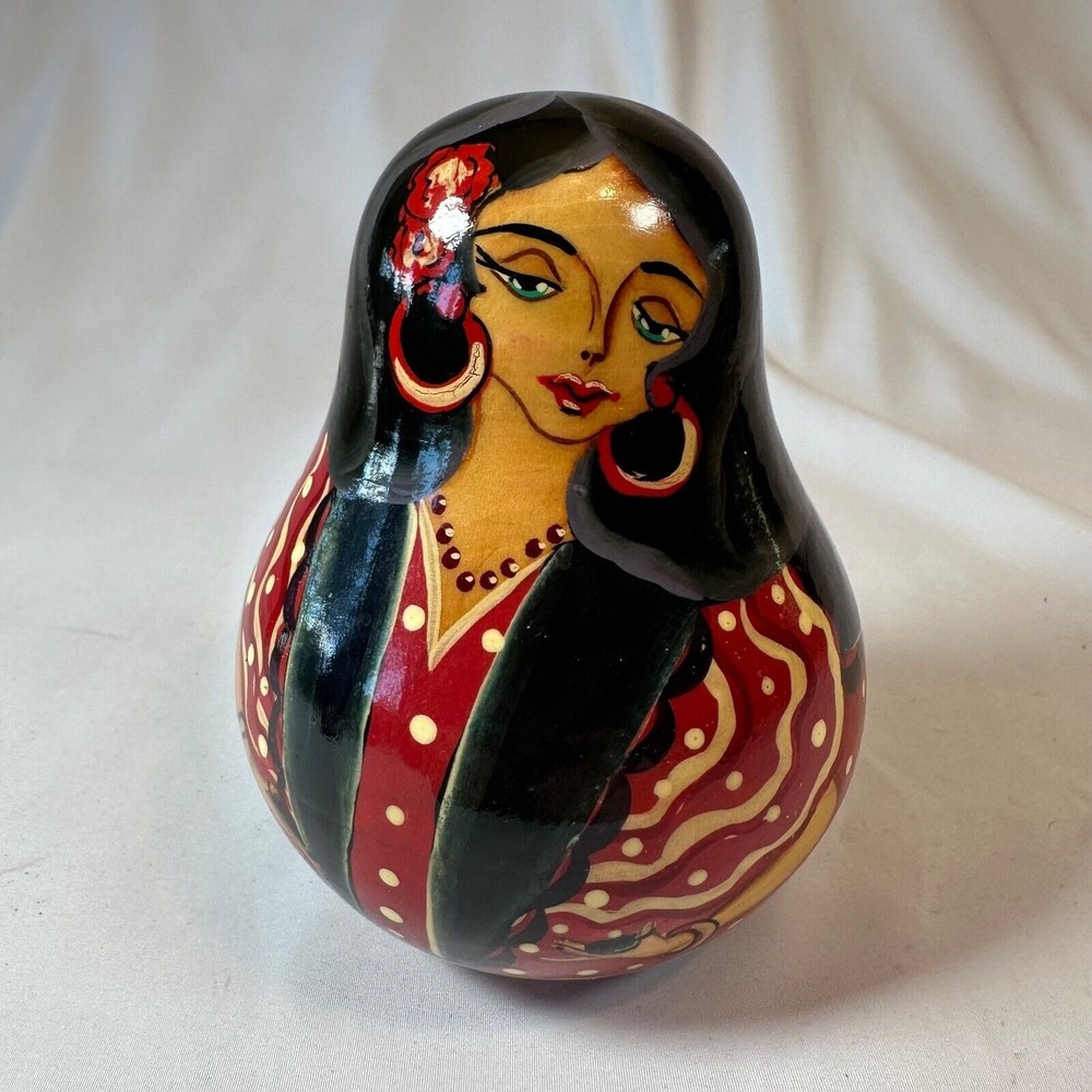 Vintage Russian Hand Painted Rolly Poly Wooden Doll Matryoshka Chimes 4.5 in
